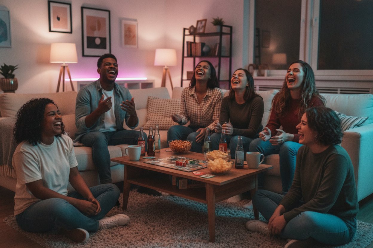 A group of friends laughing together during a game night.
