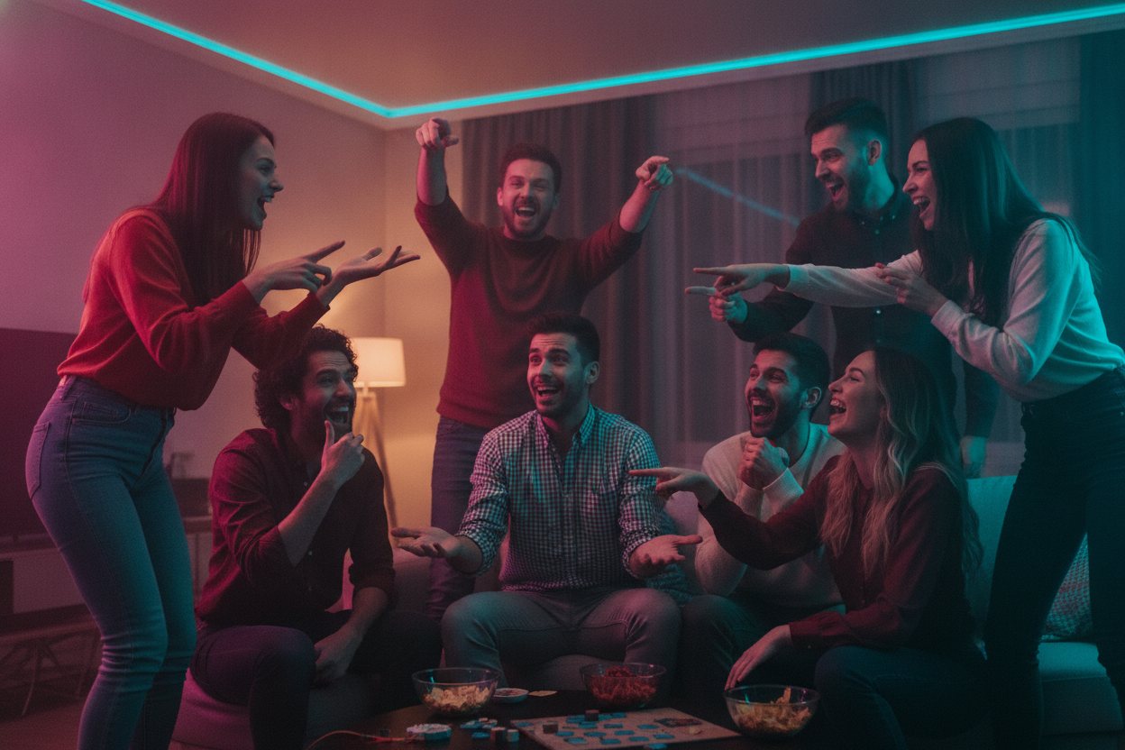 A lively house party mid-game.